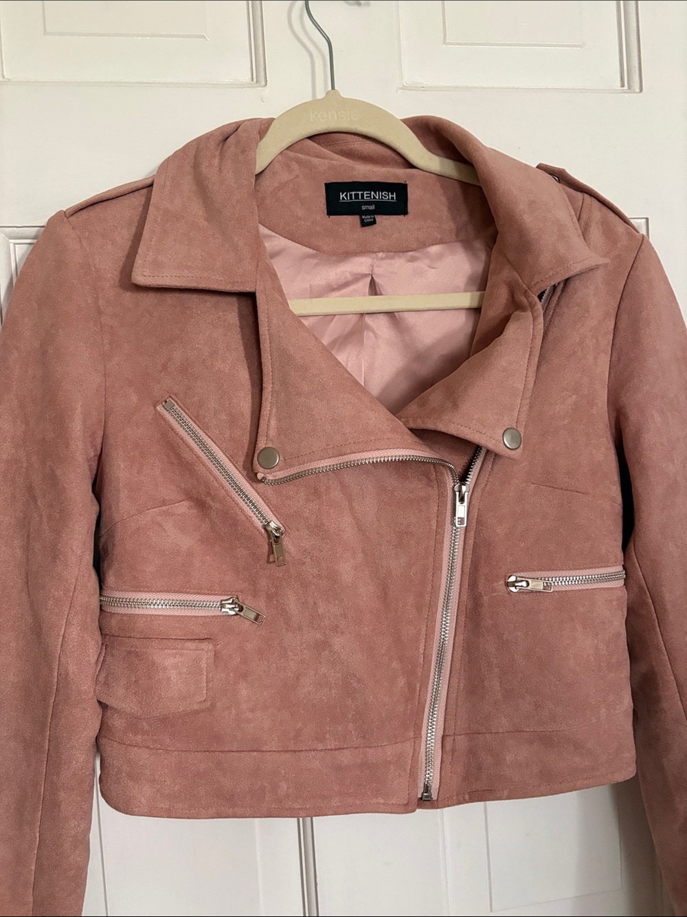 Kittenish Rose Suede Cropped Moto Jacket